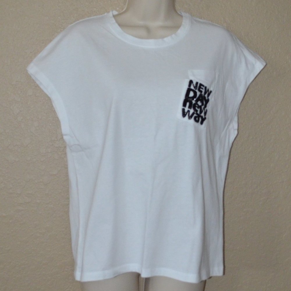 NWOT $160 Sz 1 XS/S Dorothee Schumacher White NEW DAY NEW WAY Sequin T-Shirt
